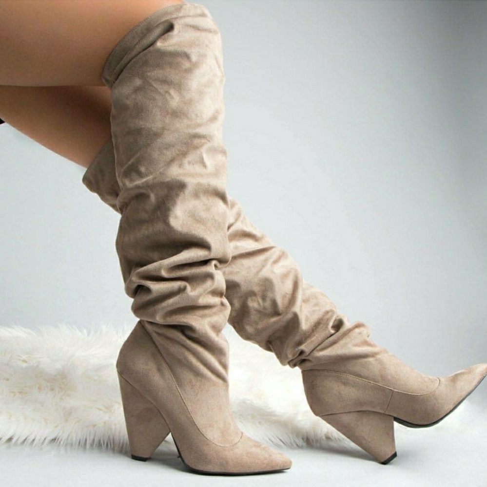 BRAND NEW TAN BROWN SLOUCHY OVER THE KNEE HIGH CONE HEEL BOOTS SUEDE LOOK SZ 10